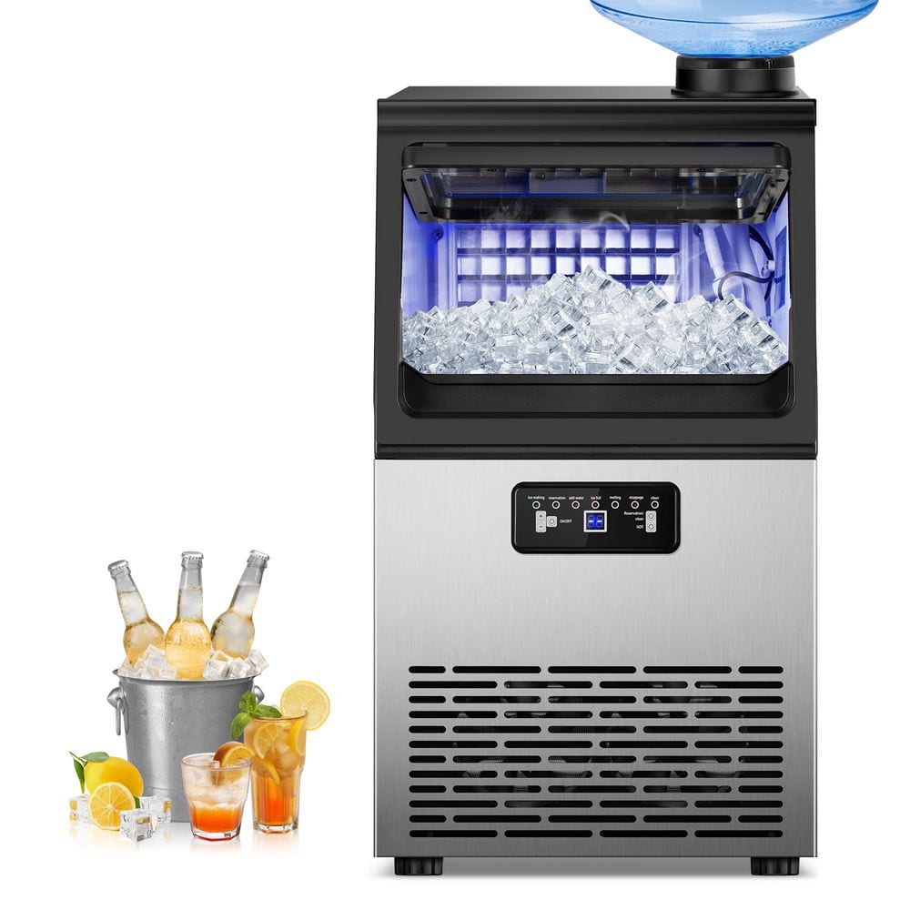 13. 5in. 90 lb. Half Cube Built-In/Freestanding Ice Maker in Stainless Steel with 15 lb. Storage Case and Water Inlet