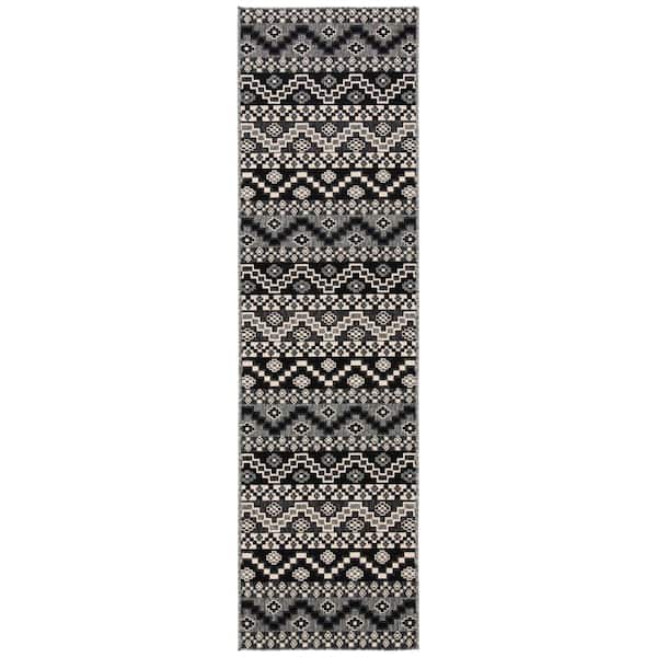 Veranda Black/Beige 2 ft. x 10 ft. Aztec Tribal Indoor/Outdoor Patio  Runner Rug
