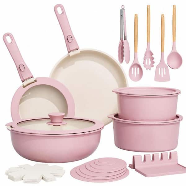 21-Pieces Pink Ceramic Pots and Pans Non Stick Cookware Set, Detachable Handles, Oven Safe, Induction Ready, Stackable
