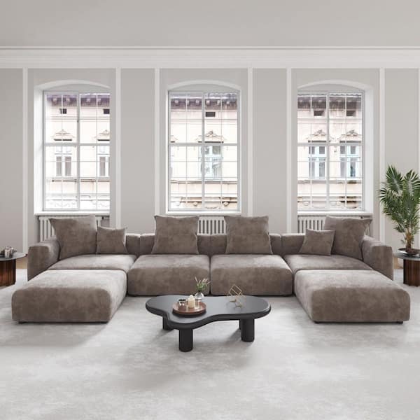 Modern 181 in. Square Arm 6-piece Modular Corduroy Sectional Sofa Oversized Combination U-shaped Floor Sofa in Brown