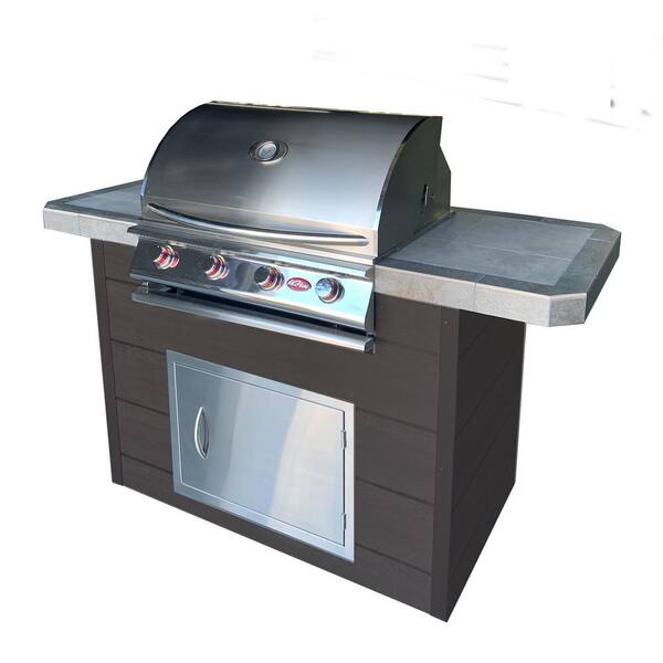 Cal Flame 6 ft. Synthetic Wood and Tile Grill Island with 4-Burner Gas Grill in Stainless Steel