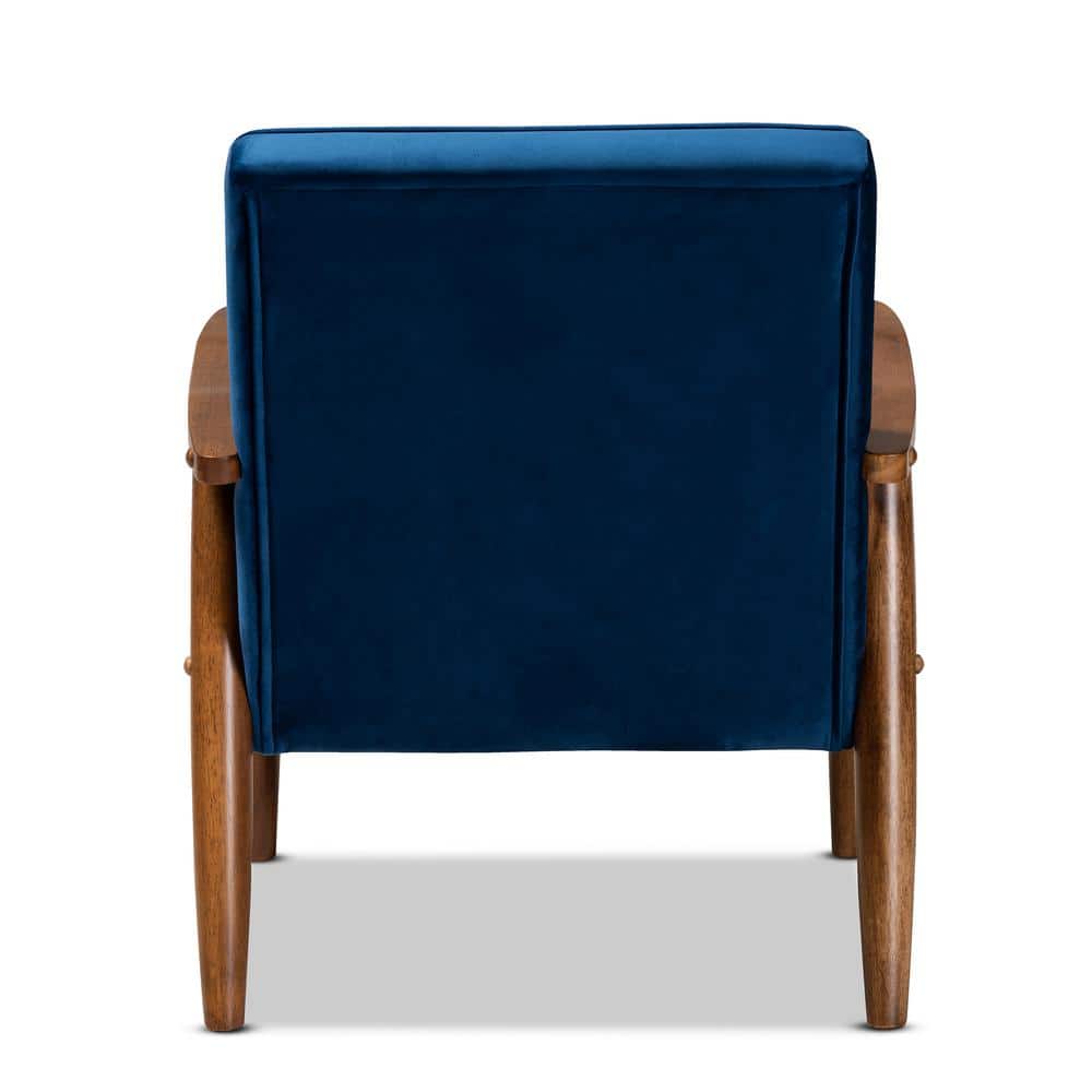 Navy Blue Velvet and Walnut Wooden Accent Chair