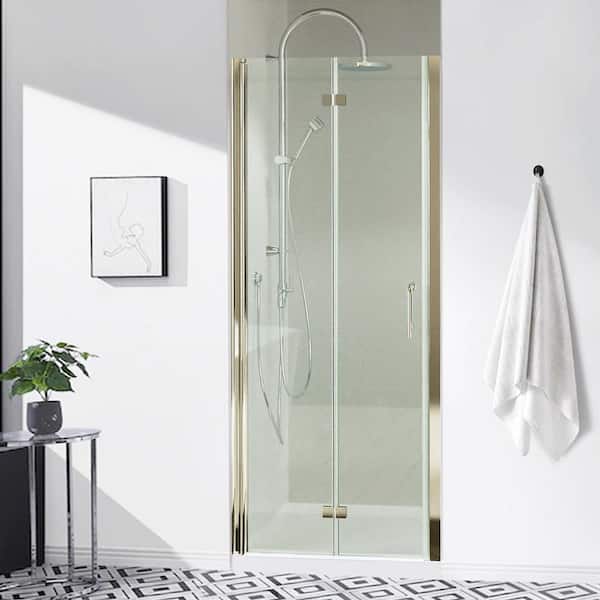 ANGELES HOME 30-31 3/8 in. W x 72 in. H Bi-Fold Semi-Frameless Shower Door in Brushed Nickel with 6mm Clear Tempered Glass, Handle