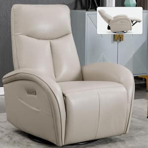 Beige and Gray Faux Leather Swivel Rocker Recliner with Lumbar Support, USB and Type-C Ports