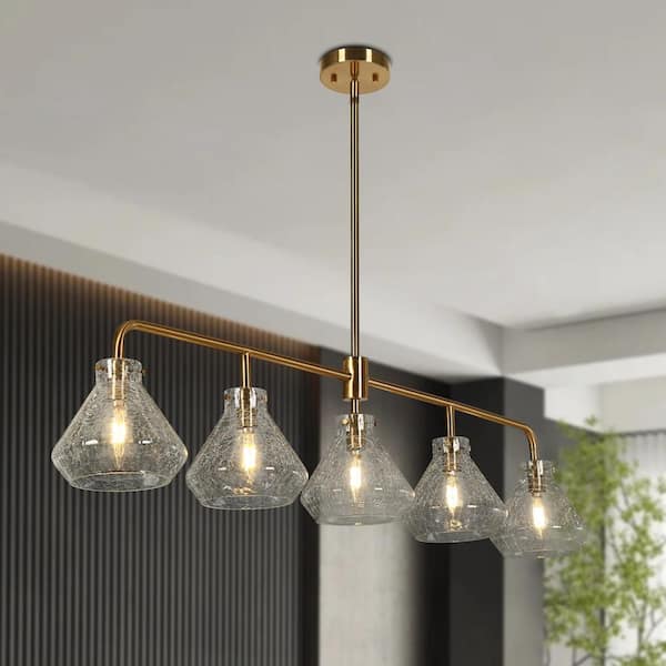 5-Light Plating Brass Linear Chandelier for Kitchen Island with Clear Crackle Glass Shades