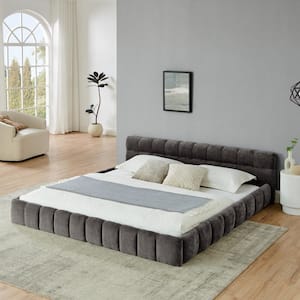 Modern Dark Gray Wood Frame King Chenille Upholstered Platform Bed with Headboard