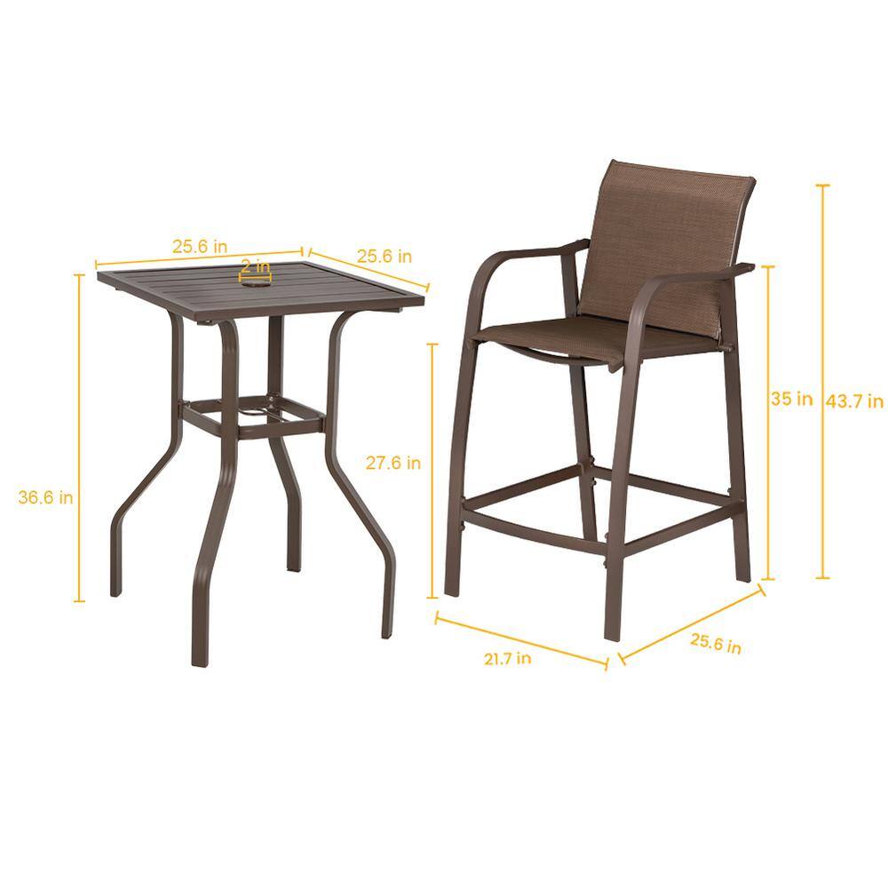 Brown Metal 3-Piece Square Outdoor Bar Height Dining Set