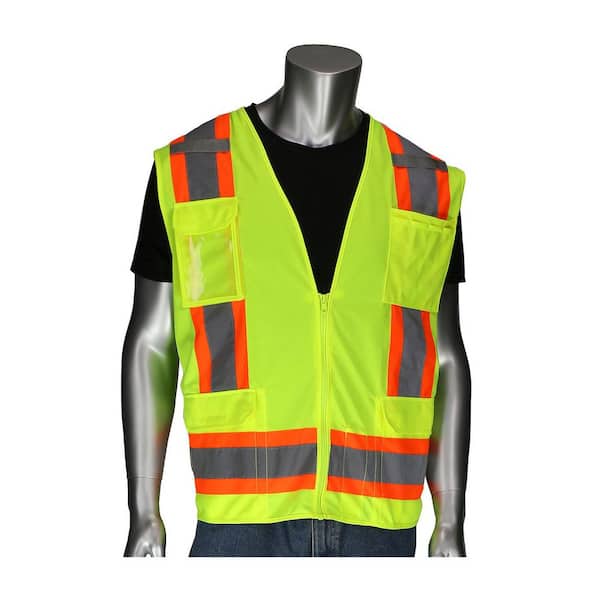 Medium ANSI Type R Class 2 Hi-Vis Yellow 2-Tone 11-Pocket Surveyors Vest with Mesh Back and "D" Ring Access
