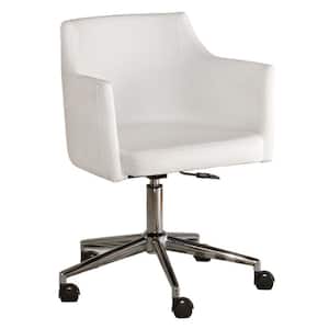 White and Silver Faux Leather Upholster Metal Swivel Chair with Low Profile Back