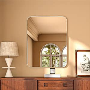 28 in. W x 36 in. H Rectangular Aluminum Framed Modern Silver Rounded Wall Mirror