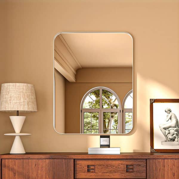 ORGANNICE 28 in. W x 36 in. H Rectangular Aluminum Framed Modern Silver Rounded Wall Mirror