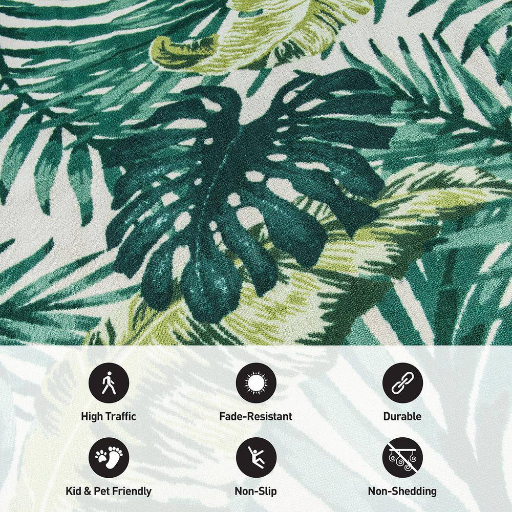 Large Green and White Synthetic Tropical Floral Area Rug