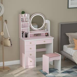 Shipping from USA Ikevan_ Storage Drawer Vanity Set with 3w HD Lighted Mirror Cushioned Stool Dressing Table Makeup Table for Home Tabletop Bathroom