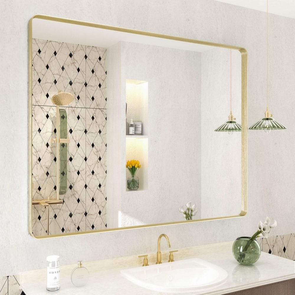 40 in. W x 32 in. H Rectangular Aluminum Alloy Framed and Tempered Glass Wall Bathroom Vanity Mirror in Brushed Gold price history on PriceWatchPro