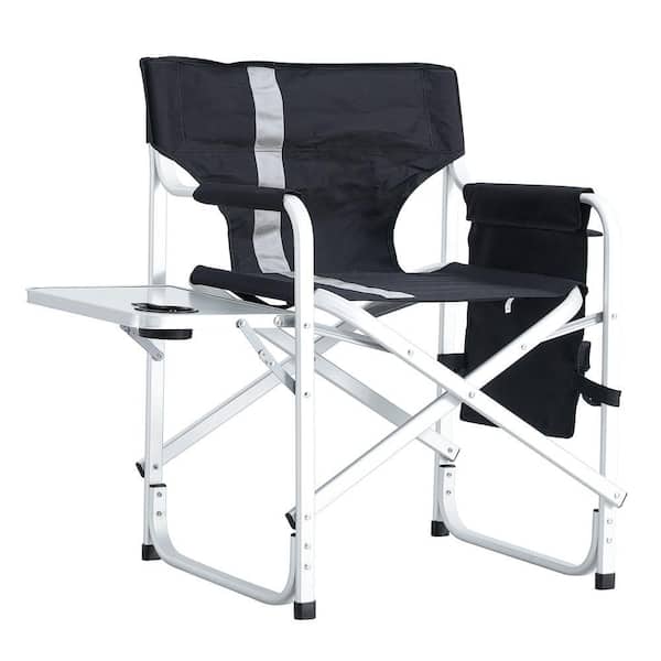 AULEDIO Black Aluminum Folding Outdoor Chair with Side Table and Storage Pockets