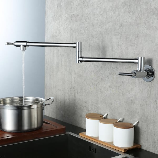 Brass Wall Mount Pot Filler with 2-Handles and Double Joint Swing Arms Folding Kitchen Faucet in Polished Chrome