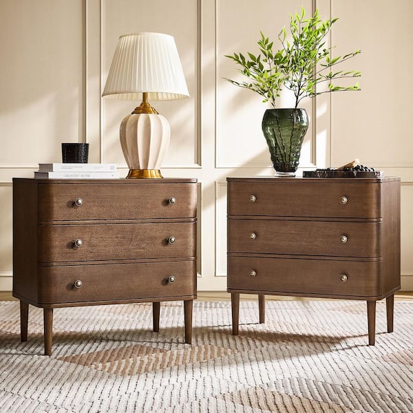 Ludwig Walnut 3-Drawer 26 in. W Nightstand with Built-in Outlet (Set of 2)