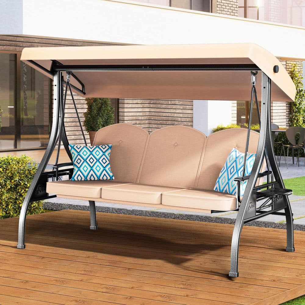 77 in. 3-Person Khaki Metal Patio Swing with Adjustable Canopy and 2 Side Tables price history on PriceWatchPro