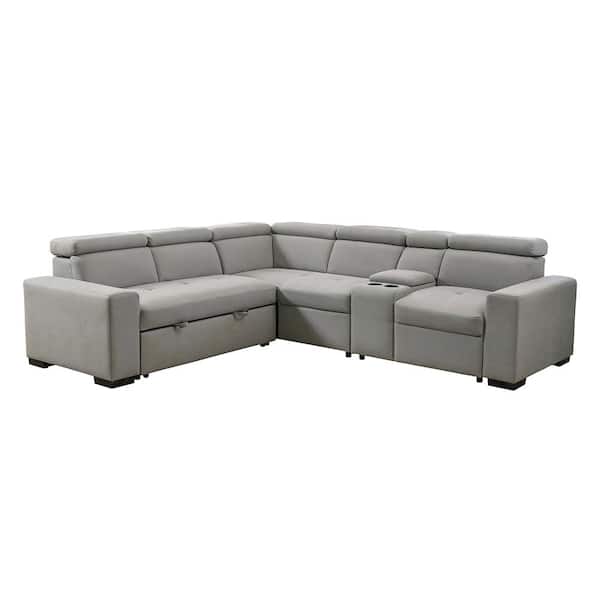 Homelegance Aldrich 110.5 in. Straight Arm 3-piece Microfiber Sectional Sofa in Light Gray with Pull-out Bed