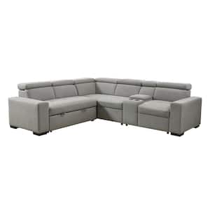 Aldrich 110.5 in. Straight Arm 3-piece Microfiber Sectional Sofa in Light Gray with Pull-out Bed