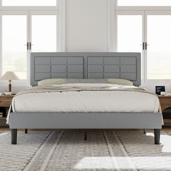 VECELO Upholstered Bed Light Gray Wood and Metal Frame Queen Platform Bed with Adjustable Headboard Bed Frame