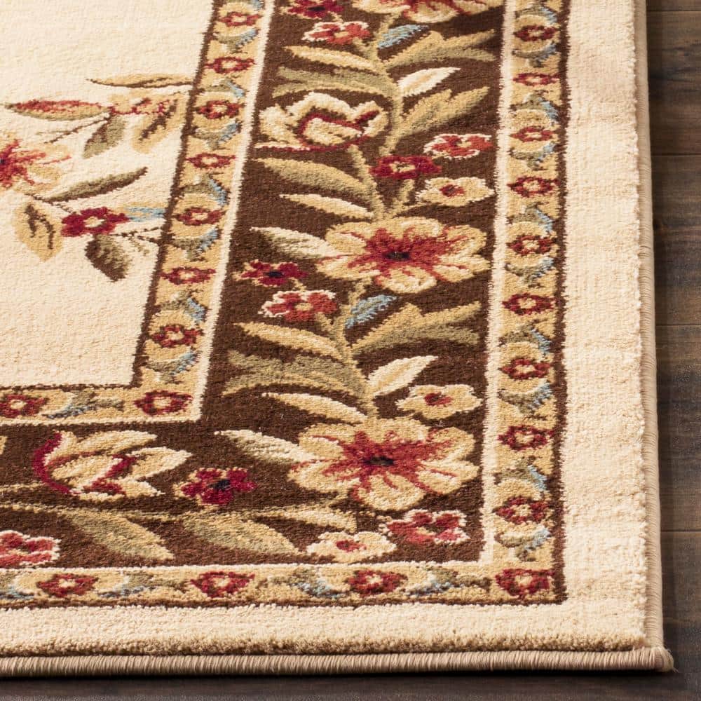 Ivory and Brown Floral Border Medium Pile Area Rug