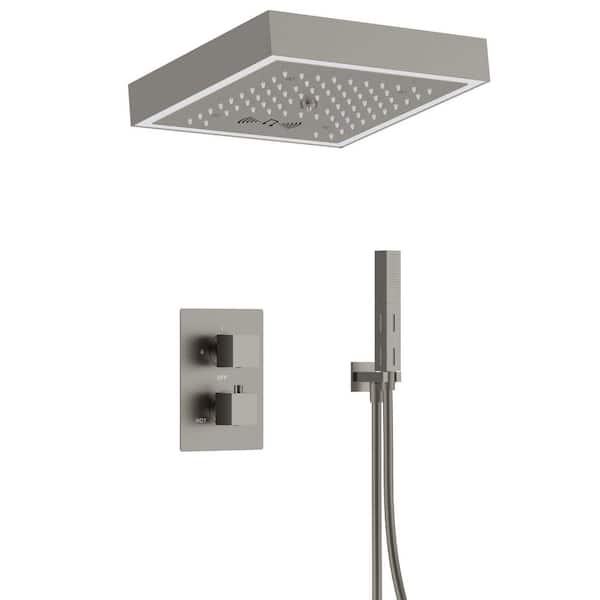 LED Shower System Kit 2-Spray Ceiling Mount 13 in. Fixed and Handheld Shower Head Bluetooth Music in Brushed Nickel