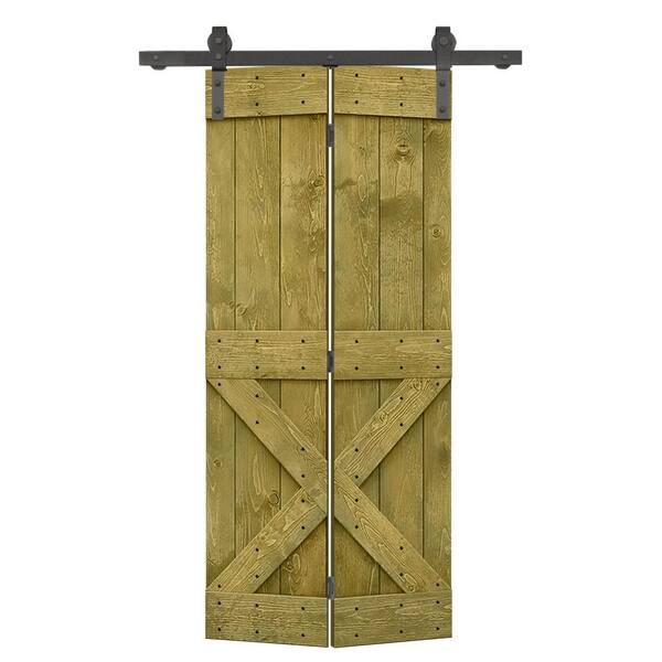 CALHOME 24 in. x 84 in. Mini X Series Jungle Green Stained DIY Wood Bi-Fold Barn Door with Sliding Hardware Kit
