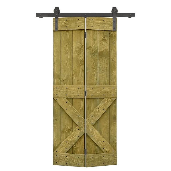 CALHOME 32 in. x 84 in. Mini X Series Solid Core Jungle Green Stained DIY Wood Bi-Fold Barn Door with Sliding Hardware Kit