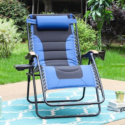 Black and Blue Metal Oversized Padded Folding Zero Gravity Chair with Cup Holder Outdoor Patio Adjustable Recliner