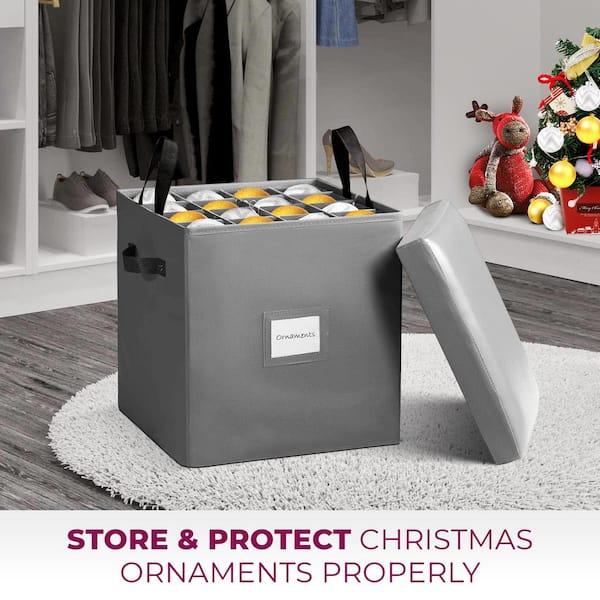 OSTO 12 in. Gray 600D Polyester Holiday Ornament Storage Box with