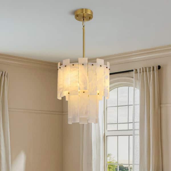 13 in. 3-Light Brass Round Alabaster Chandelier, 2 Tiers Kitchen Island Chandelier for Dining Room, Bedroom, Bedroom