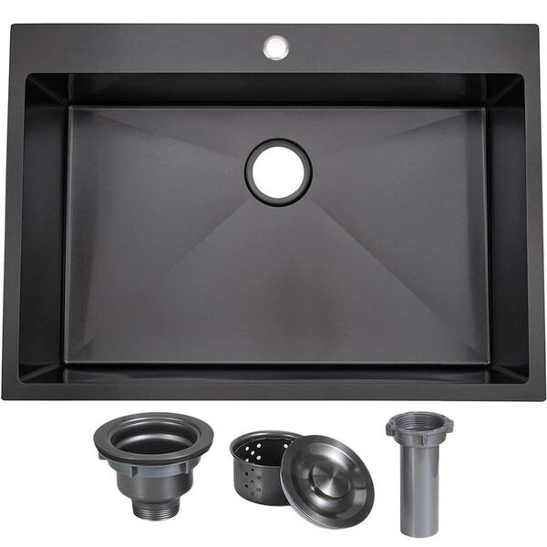 33 in. Drop-In Single Bowl 16-Gauge Gunmetal Black Stainless Steel Laundry and Kitchen Sink Strainer