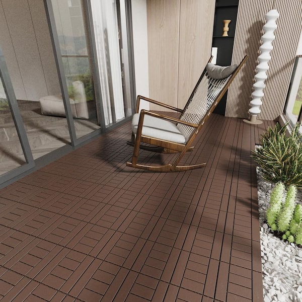 12 in.W x 12 in. L Outdoor H Shape Texture Plastic Interlocking Flooring Deck Tiles (Pack of 44 Tiles) in Brown