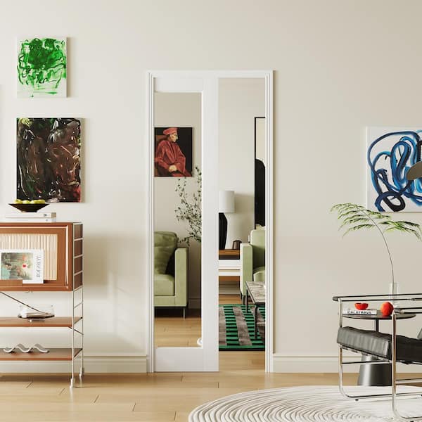 TENONER 30 in. x 80 in. White MDF Pocket Door Frame 1-Lite Mirrored Glass Panel, Primed with All Hardware