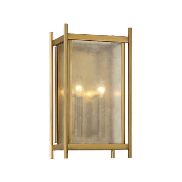Savoy House Jacobs 9 in. W x 16 in. H 2-Light Warm Brass Modern Wall Sconce with Clear Mica Glass Shade