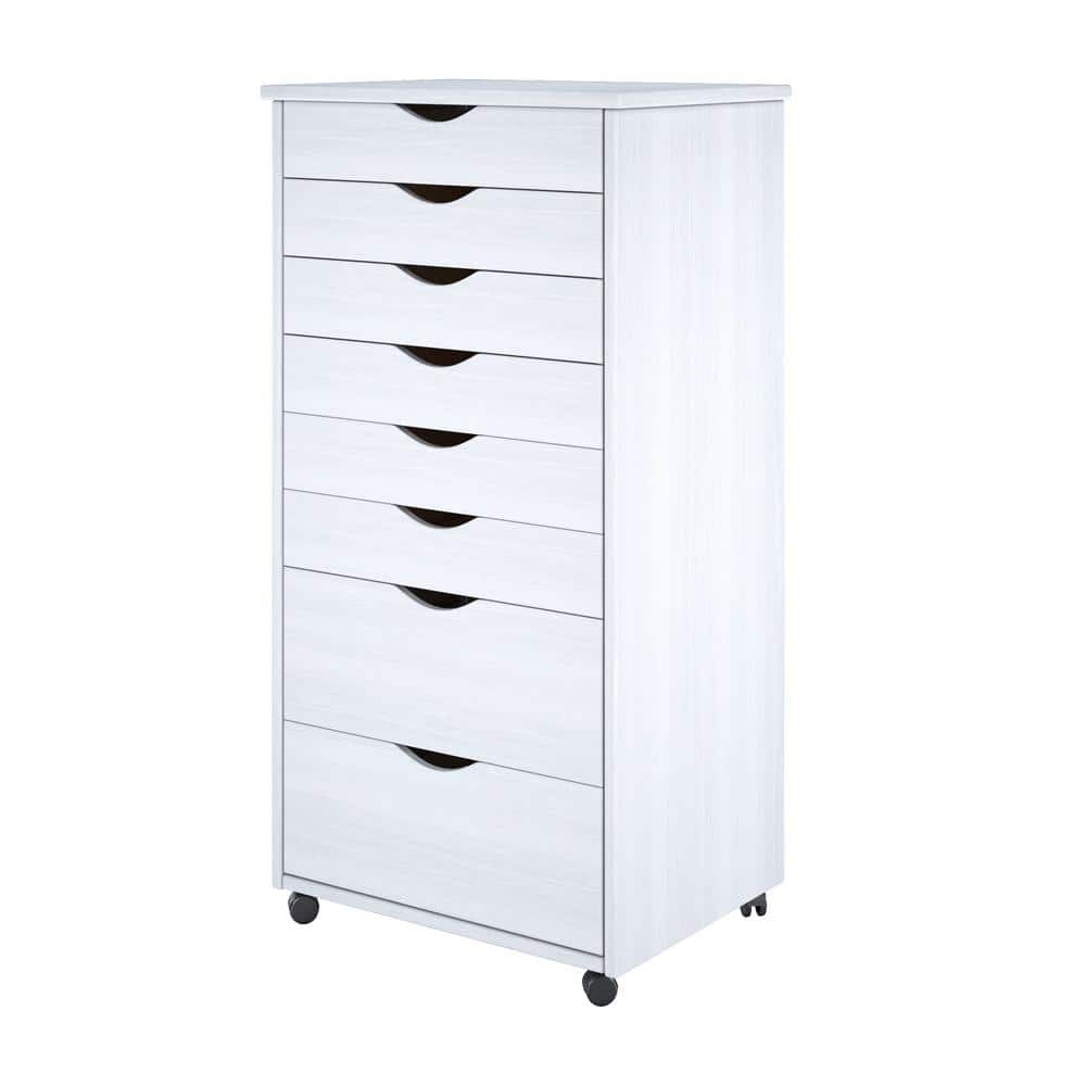 Whitewash Solid Pine 8-Drawer Extra Wide Mobile Cabinet with Casters
