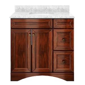 Solid Wood 36 in. W x 22 in. D x 35.4 in. H Single Sink Bath Vanity in Brown with Carrara White Natural Marble Top