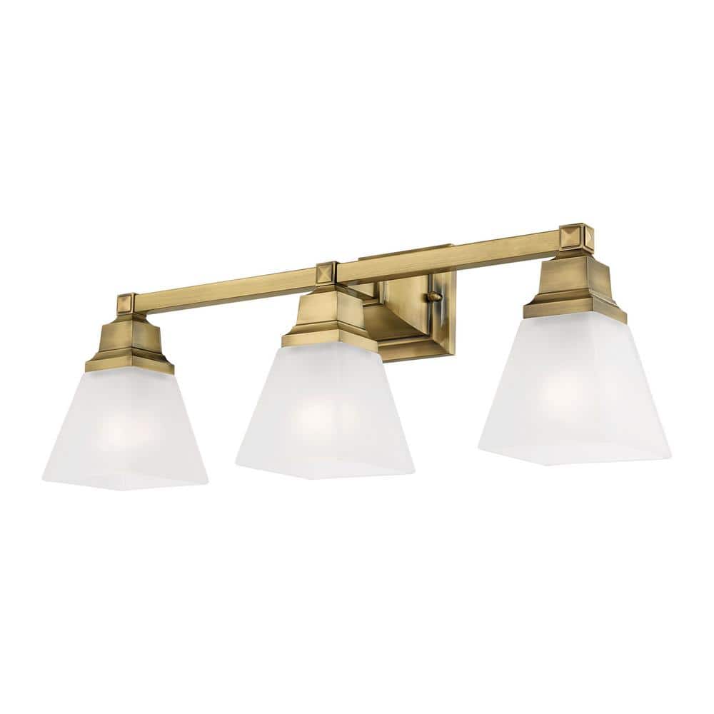 Antique Brass Mission 3-Light Bath Vanity with Satin Glass