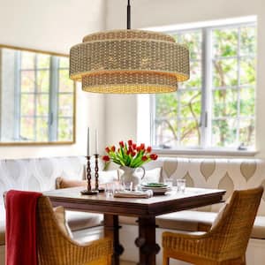 Orion 26 in. 6-Light Seagrass Chandelier Pendant with 3-Tiered Rattan Shade, Adjustable for Coastal and Farmhouse Decor