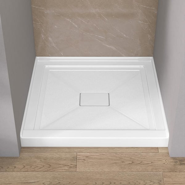 Getpro 30 in. L x 30 in. W Single Threshold Alcove Floor Shower Pan Base with Center Drain in White Square Acrylic Shower Base