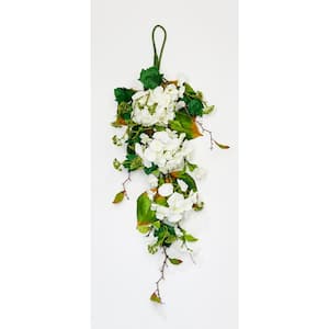 35 in. Artificial White Hydrangea and Green Leaves Teardrop