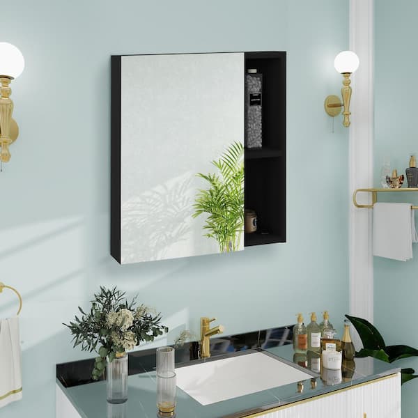 17.71 in. W x 19.6 in. H Rectangular Wooden Medicine Cabinet with Mirror, Black