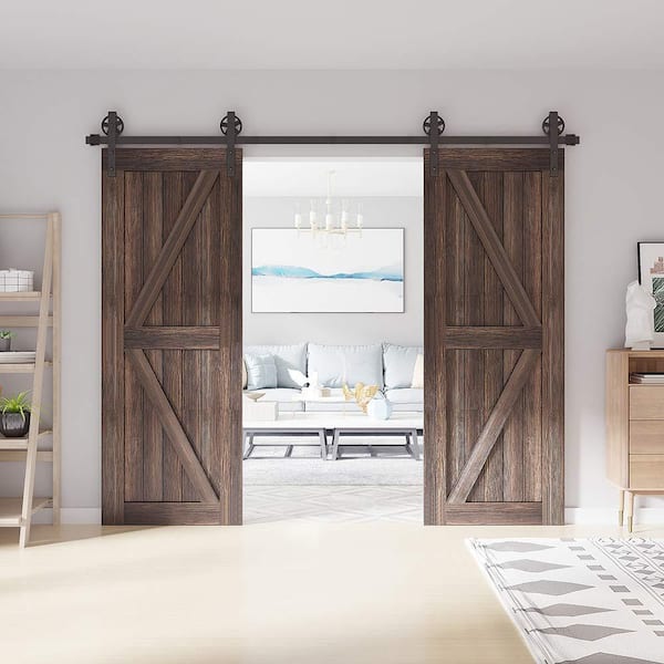 12 ft. /144 in. Frosted Black Sliding Barn Door Track and Hardware Kit for Double Doors with Non-Routed Floor Guide