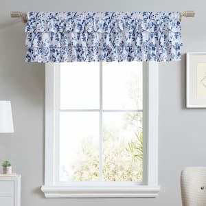 50 in. x 18 in. Elise Ruffled Blue Floral Cotton Pole Top Light Filtering Valance