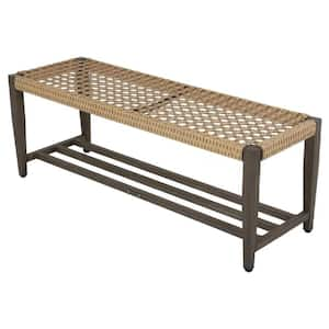 Taupe and Natural Wicker Outdoor Outdoor Storage Stool Bench Chair with Steel Frame for Porch Bedroom