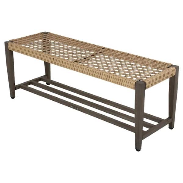 Yangming Taupe and Natural Wicker Outdoor Outdoor Storage Stool Bench Chair with Steel Frame for Porch Bedroom