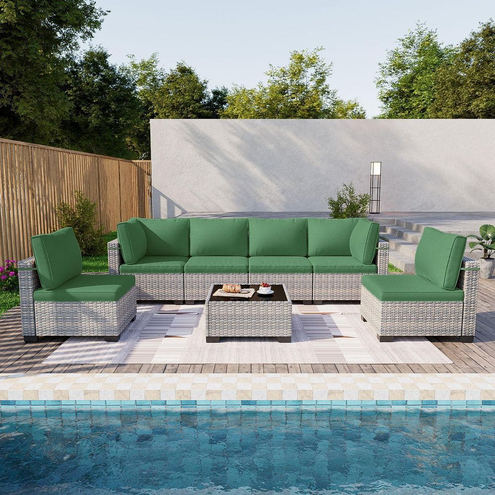 7-Piece Wicker Outdoor Sectional Set Sofa Couch with Dark Green Cushions price history on PriceWatchPro