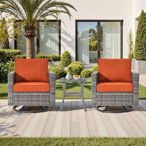 Gray 3-Piece Wicker Patio Outdoor Lounge Chair Swivel Rocking Chairs with Orange Red Cushion and Side Table for Porch