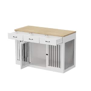 Heavy-Duty Dog Kennels Crate Storage Cabinet, Decorative Large Dog House Furniture Dog Cage with 3-Drawers, White